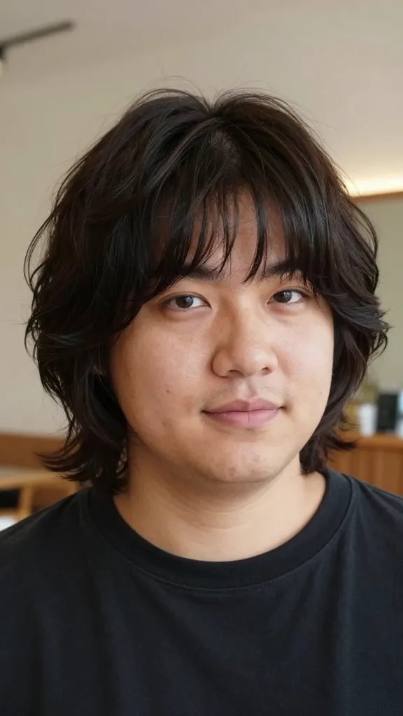 Create a high-resolution, realistic portrait of a stylish adult man with a chubby face posing indoors with soft natural lighting. The hairstyle features curtain bangs: face-framing curtain fringe that skim the cheekbones, medium length on top to support the curtains, and a gentle wave or natural texture throughout the hair. The overall look should be modern yet retro-inspired, with the hair neatly styled to showcase the curtain effect while maintaining a relaxed, versatile vibe suitable for both dressed-up and casual settings. The subject should have subtle, confident expression, smooth skin, and a well-groomed appearance. The background is a softly blurred, timeless interior setting (warm tones, maybe a living room or minimalist cafe) to emphasize the hair and facial features without distraction. No text on image.
