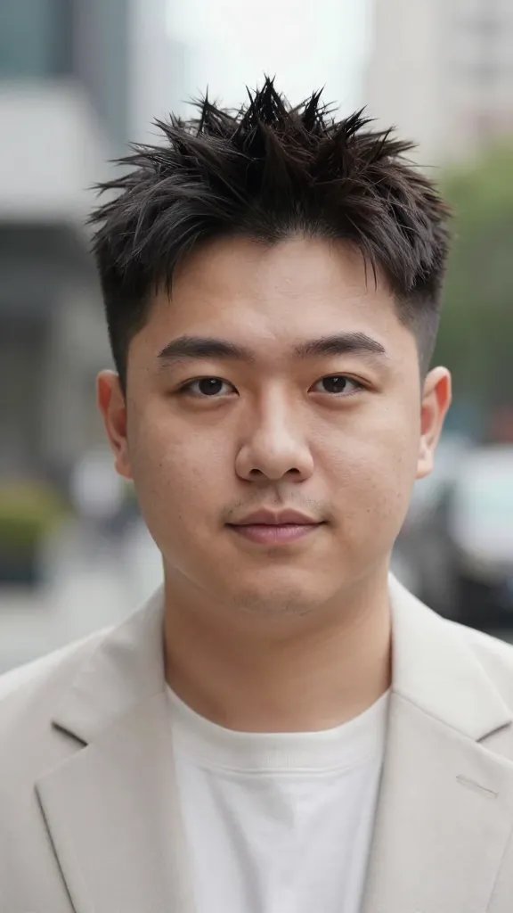 A high-resolution, realism-focused portrait of a stylish adult man with a chubby face, captured in a bright, natural light setting. The subject sports a spiky top with clean, short sides: medium-height spikes that are defined but not overly tall, with a subtle, flexible-hold finish visible through a slight, adjustable sheen. The sides are neatly tapered and crisp, creating a sharp but balanced silhouette that flatters the face. The hairstyle should look deliberate and energetic, with a confident, bold vibe. The hair texture shows a lightweight product hold for pliability, allowing small tweaks to the spikes. The subject has a well-groomed appearance: clean skin, natural makeup-free look, and a confident expression&mdash;perhaps a slight smile or a focused, forward gaze. Clothing should be modern yet understated, such as a well-fitted, solid-color shirt or casual blazer in neutral tones, ensuring the hairstyle remains the focal point. Background should be softly blurred (bokeh) in an urban or studio setting with neutral colors to enhance depth, realism, and high-quality photographic detail. No text on the image.