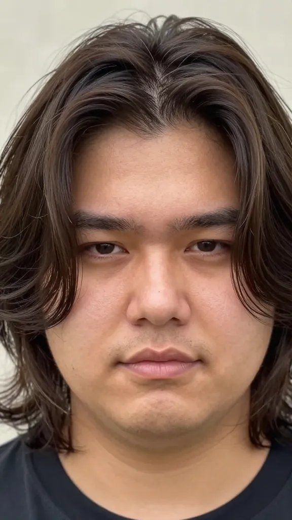 A realistic, high-quality close-up portrait of a stylish man with a chubby face, showcasing a mid-length flow hairstyle with a defined part. The hair on top is lengthened to about 4 to 6 inches, gently flowing with natural texture and a subtle wave, while a clearly defined part structures the silhouette and draws the eye downward. The subject has a confident, relaxed expression, soft facial features, and clear, natural skin tones. Lighting is natural and flattering, with soft shadows to emphasize the hair&rsquo;s flow and the part. The overall look is polished yet effortless, suitable for thin to medium density hair, with a gentle wave and a light, healthy sheen as if protected by a light heat spray. The background is neutral and unobtrusive to keep the focus on the hairstyle and the subject&rsquo;s face, without any text or branding.