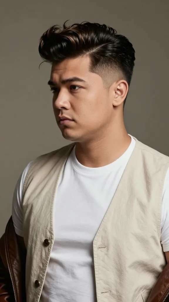 A high-quality, realistic portrait of a stylish man with a chubby/rounded face silhouette, posing in a retro-inspired Rockabilly sweep hairstyle with a sharp, clean fade on the sides. The front should be swept dramatically to the side with a bit more length at the top to create a prominent sweep, showcasing strong hold and texture. He should wear a modern yet vintage-inspired outfit&mdash;a well-fitted, crisp white tee or light open-collar shirt with a textured, classic bomber or slim waistcoat, and a hint of a leather jacket draped over the shoulders for contrast. The lighting is cinematic, with soft key light highlighting the contour of the jawline and cheekbones, a subtle rim light to separate him from a neutral vintage-toned background. The hairstyle should have defined, glossy shine and precise tapering at the temples, with a tidy neckline kept clean. The overall mood is bold, nostalgic, and contemporary, suitable for a fashion-forward profile shot. No text on the image.