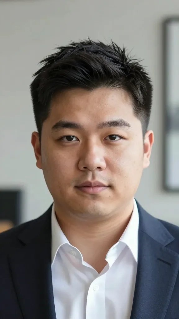 Create a high-resolution, realistic portrait of a stylish man with a chubby face, showcasing the hairstyle "Comb Over With Height And Texture" as described: subtle height at the crown to lengthen the face without overpowering; natural texture for dimension; sides tapered for balanced, professional look. The main subject should be the central focus, depicted in a polished, sophisticated setting (e.g., a modern office or neutral studio backdrop) with soft, natural lighting. The hairstyle features a modestly elevated crown, clean side part, and textured strands swept over with controlled volume to convey refinement. The subject should have a confident, approachable expression suitable for a professional environment, wearing a smart-casual outfit (e.g., a crisp shirt or blazer) to emphasize personality within a professional context. No text or logos in the image.