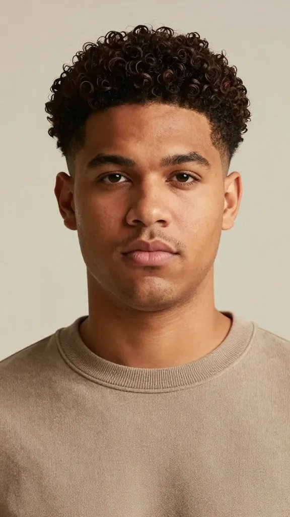 A high-resolution, realistic portrait of a stylish man with a chubby face featuring curly hair on top with short, tapered sides. The curls on top should be defined but not overly bulky, showcasing a lightweight curl cream&rsquo;s natural texture. The sides are neatly trimmed to slim the perimeter, with a clean, sharp neckline. The man should have a confident, relaxed expression and direct gaze, wearing a casual yet polished outfit (soft crew-neck sweater or button-down shirt) against a soft, neutral backdrop. Warm, natural lighting highlights the curl definition and the tailored sides, emphasizing a balanced, slimming overall appearance. No text on the image.