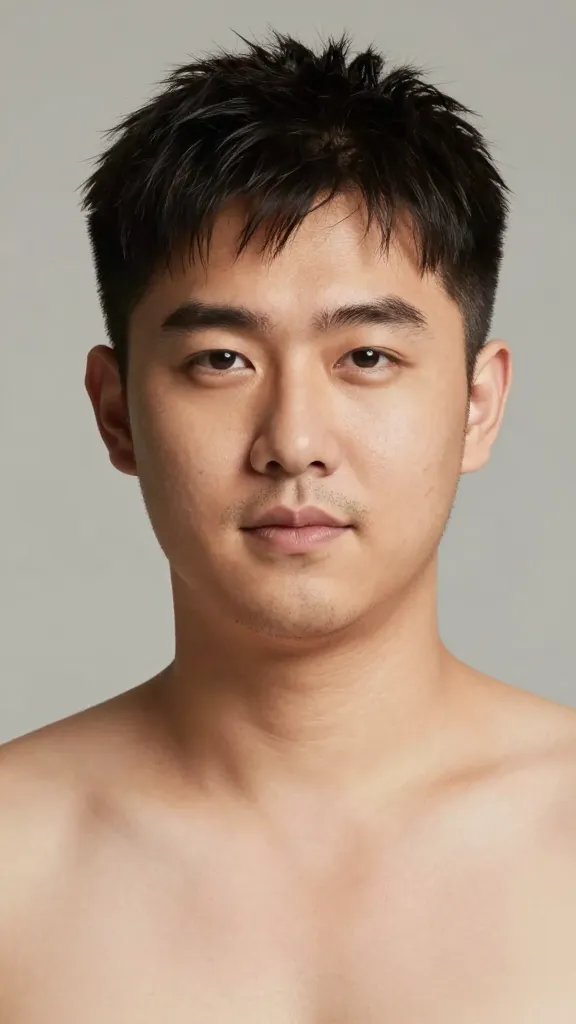 A realistic high-resolution portrait of a stylish man with a chubby face, centered in the frame, standing or casually posed against a neutral studio backdrop. He sports a modern bowl cut with a subtle taper: the bowl line sits slightly above the ears, the sides are gently tapered to remove bulk while the top remains slightly longer for balance. The hair texture shows natural movement and soft shine, with a light texture spray giving volume and life without appearing frizzy. The overall silhouette is slimming, with balanced proportions: lighter top relative to the sides, creating a refined, fashion-forward look. The man has a confident, relaxed expression, subtle makeup to smooth skin tone, and a well-groomed stubble or clean shave to emphasize the jawline without crowding the cheeks. Lighting is soft and even, highlighting the hair&rsquo;s texture and the face&rsquo;s contours, with a shallow depth of field to keep the subject crisp and the background softly blurred. No text on the image.