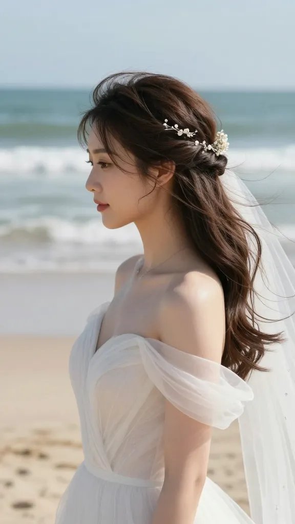 A high-resolution, editorial-style photograph of a bride at a beach wedding, standing on soft sand with gentle ocean waves in the background. She has a windproof half-up, half-down halo hairstyle: romantic, loose waves gathered into a subtle updo at the crown, with a delicate floral crown and tiny, shimmering hairpins that catch the light. The hair texture should look airy and natural, with a soft, flexible hold appearance to withstand a sea breeze. She wears a light, ethereal wedding dress with off-the-shoulder or V-neck styling, minimal jewelry, and a sheer veil that drifts slightly in the breeze. The mood is bright, airy, and elegant, capturing movement in the hair and the serene coastal atmosphere, with natural, flattering lighting and a shallow depth of field that keeps the bride crisp while softly blurring the background. No text on the image.