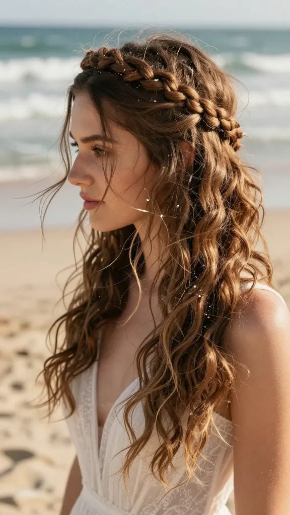 A close-up, high-resolution photo of a bride wearing a braided crown with loose, wind-swept beachy waves. The scene is on a sunlit sandy shoreline with gentle ocean waves in the background. The bride has a delicate, romantic look with a salt-sprayed, crimped texture in the waves, a crown braid wrapped softly around the crown of her head, and a few tendrils pulled loose around the face for a carefree feel. The braids are tiny, intricate, and secure with invisible clear pins that blend into the hair. The overall vibe is fairy-tale meets coastline chic: refined but simple enough to recreate at a beach venue. The lighting is natural and warm, capturing subtle glints in the hair and the soft, airy atmosphere, with the bride wearing a light, ethereal wedding dress and minimal jewelry to keep the focus on the hairstyle. No text on the image.