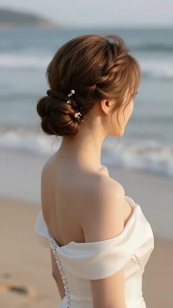 Create a realistic, high-quality photo of a bride at a beach wedding, standing near the shoreline with soft waves in the background and warm golden hour light. The main subject is a bride with a polished, classic low bun styled with a subtle twist: incorporate a delicate layered braid that wraps around the bun and a small decorative pin with pearlescent accents to add a touch of elegance. The bun should be smooth and secure, with a hint of texture to keep it natural, and lightly lined with a shine spray to give a sun-kissed glow in photos. Ensure the hairstyle suits all hair textures and looks timeless yet modern, able to accommodate a few floral accessories such as a single small stem or a delicate hairpiece. The bride wears a simple, elegant wedding gown with off-the-shoulder or strapless style to emphasize the neckline, and soft, natural makeup that complements the beach setting. The overall mood is serene, romantic, and effortlessly chic, capturing the classic low bun with a twist as the focal hairstyle. No text on the image.