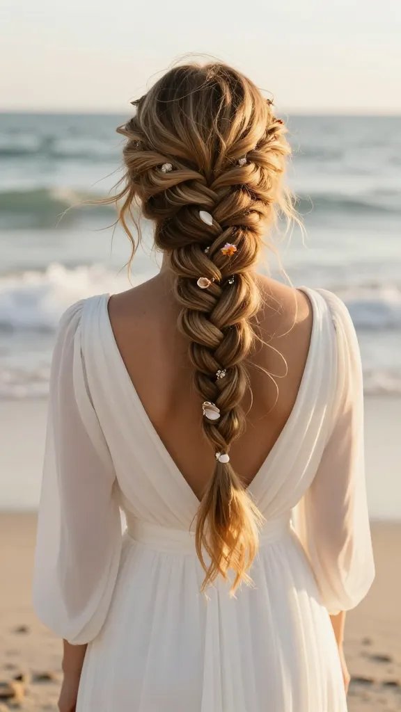A high-resolution, cinematic photo of a bride on a sunlit beach, wearing a flowing white wedding dress with a boho fishtail braid styled as the main hairstyle. The braid is detailed and prominent, with several loose, floating strands cascading softly around the face and shoulders, creating a breathable, airy look. The beach setting shows gentle waves, warm golden hour light, and a subtle sea breeze lifting small floral accents and tiny shells tucked into the braid. The hairstyle appears sturdy against humid beach air, with a delicate, lightweight mist subtly hazing the hair to prevent flyaways without weighing it down. The overall composition exudes a festival-inspired yet poised wedding vibe, with the brided hair as the focal point, and no visible text or logos in the scene.