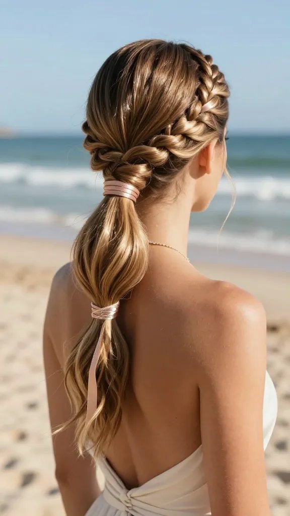 A high-fashion beach wedding portrait of a bride or bridesmaid with a Sleek High Pony With a Twist: a sleek, glossy high ponytail with intricate braids wrapped around the base and a delicate metallic wrap tying around the pony, catching the sunlight on a sun-drenched beach. The pony is tall and smooth, with braided sections woven neatly along the crown and subtle ribbon accents in a wedding-appropriate color (soft champagne or blush pink) that echoes the wedding palette. The subject wears a light, elegant bridal or bridesmaid dress suitable for a beach ceremony, with minimal jewelry to keep the look polished and practical for dancing. The hair is neatly secured, off the neck to stay cool in heat, while a few soft, face-framing strands remain. The background features warm sand, gentle waves, and a clear blue sky, with the overall vibe balancing chic sophistication and relaxed, radiant beach vibes. The image should be a high-resolution, lifelike photograph with natural lighting, shallow depth of field to softly blur the background, and true-to-life textures of hair, fabric, and sun-kissed skin. No text on the image.