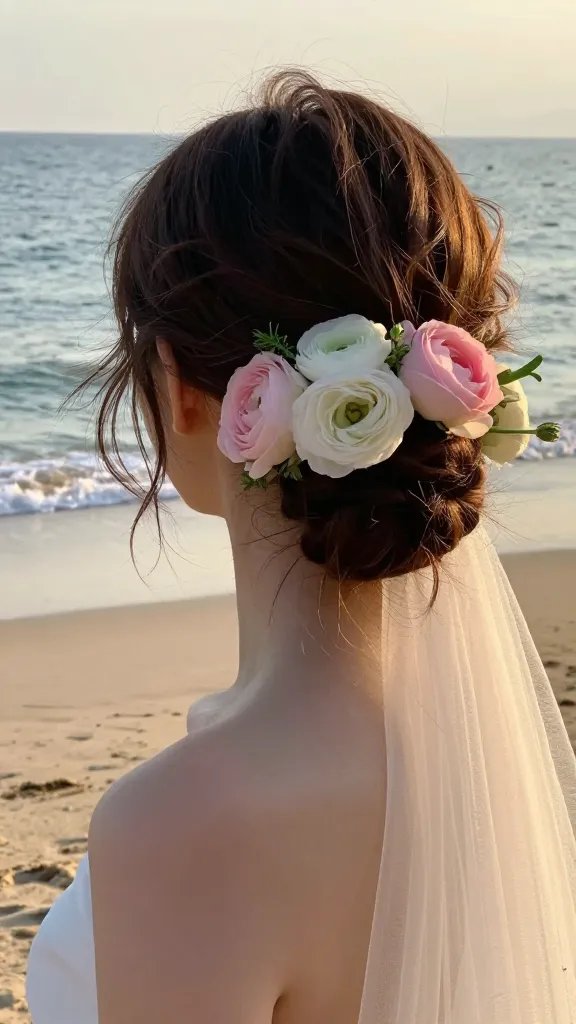 A high-resolution, ultra-realistic bridal portrait in a sunlit beach setting, featuring a bride with a soft, romantic messy bun at the nape of the neck, accented with fresh garden blooms tucked into the bun. The hairstyle should look effortless yet elegant, with loose wisps framing the face and a natural, dewy makeup look suitable for seaside light. The flowers should include light pink and white blooms (peonies, ranunculus, or garden roses) tucked into the bun at a slightly tucked angle, creating a lush, botanical focal point. The veil should be either centered or gracefully offset to the side to complement the chosen bun placement, and the overall silhouette should be romantic and effortless. The background should show a calm beach with soft sand, gentle waves, and a warm golden-hour glow, capturing a candid, intimate wedding mood. The main subject must be the bride from the article title, with a focus on her hairstyle and the bloom-adorned messy bun, in a natural, photorealistic style. No text on the image.