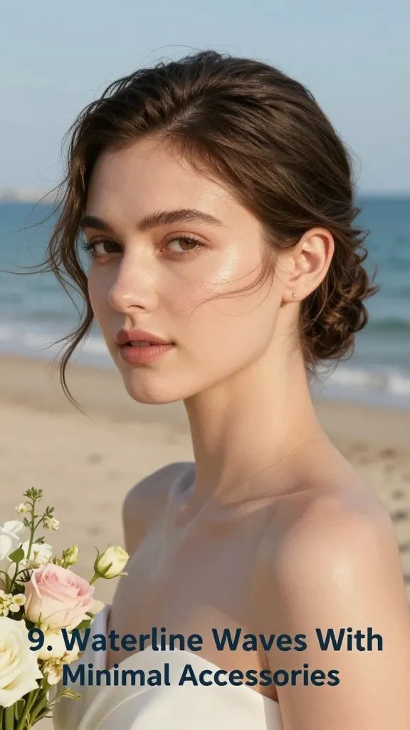 A realistic, high-quality photo of a bride on a sunlit beach wearing "9. Waterline Waves With Minimal Accessories" hairstyle: soft waves along the hairline with subtle, natural shine, minimal accessories (barely-there jewelry or none), a clean, timeless look that pairs with simple jewelry, humidity-resistant serum sheen but no visible product labels or branding, soft sea breeze effect, light pastel bouquet in the background, warm golden-hour light, clear blue ocean and pale sandy beach, the bride's face calm and radiant, makeup natural and dewy, hair tucked behind one ear to emphasize the wave along the hairline, no text or logos on the image.