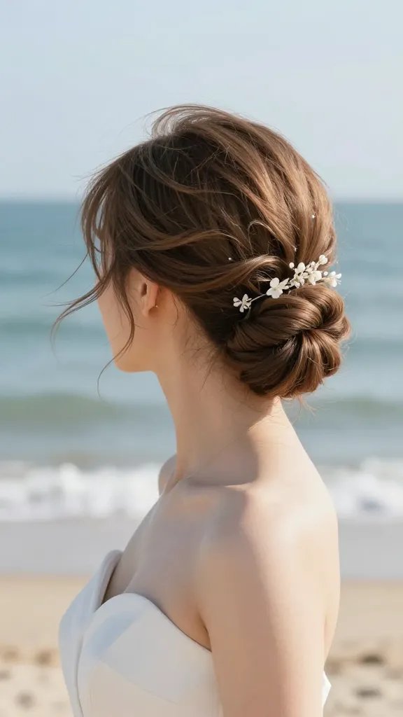 A realistic, high-quality photo of a bride with short hair styled into an elegant wedding updo suitable for a beach setting, featuring clever pinning and subtle texture that highlights bone structure and neckline. The hairstyle should be secured with light grip and a touch of hairspray, ensuring it withstands a sea breeze, and accessorized with small floral accents or a delicate hair comb. The scene is sunlit with a soft ocean backdrop, light breeze gently lifting a few strands, and the bride wearing a simple, sophisticated wedding dress that complements the updo. No visible text on the image.