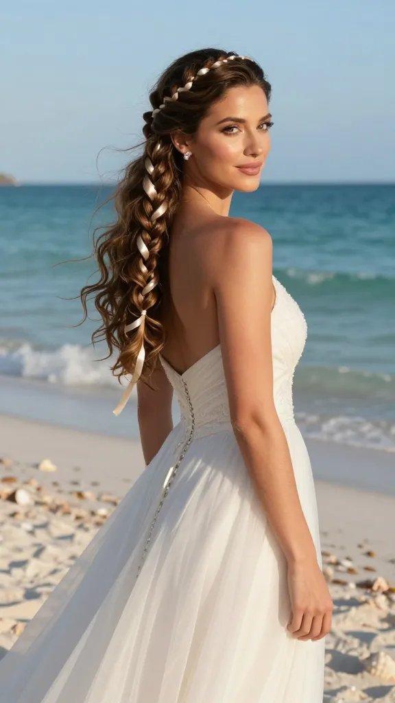 A high-resolution, sunlit beach wedding scene featuring a radiant bride as the main subject, standing on soft white sand with gentle turquoise waves in the background. The bride has long loose curls cascading over her shoulders, styled with a delicate twisted rope braid woven with a thin satin ribbon in a wedding color that glints softly in the sunlight. She wears a flowing, elegant wedding dress with a sweetheart neckline and light, airy fabric that moves slightly in a sea breeze. The hairstyle highlights defined rope twists formed into an intricate braid along one side, with the ribbon threading through and peeking at the ends, while the rest of the hair frames the face in soft, romantic curls. Natural makeup with a sun-kissed glow, subtle pink lips, and pearl or diamond earrings. The overall mood is celebratory and chic, with warm golden-hour lighting, clear blue sky, and a hint of seashells scattered on the shore. No text or logos on the image.