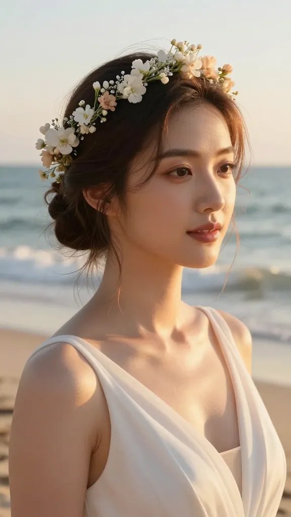 A close-up, high-resolution portrait of a bride on a sunlit beach at golden hour, wearing a soft, loose bun hairstyle with a delicate halo of tiny white and blush-colored flowers intertwined with crystal accents. The halo sits gently around the head, enhancing a natural, effortless look without stiffness. The bride&rsquo;s makeup is light and radiant, reflecting sunset tones on her skin, with a subtle, glowing complexion and soft pink lips. She wears a simple, elegant beach wedding dress with lightweight fabric that drapes softly over her shoulders, and the ocean waves shimmer in the background. The overall mood is celestial yet relaxed, photogenic at sunset, with clear emphasis on the loose bun and halo as the focal point. No text or logos in the image.