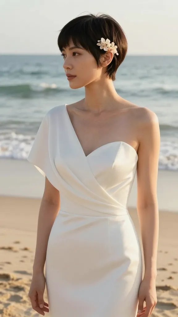 A high-resolution, realistic photo of a stylish bride with a bold, chic pixie hairstyle on a sunlit beach at golden hour. The bride has smooth, sculpted short hair with a sleek, clean silhouette, wrapped in a delicate shawl-style wrap draped elegantly over one shoulder to create a couture edge. She stands barefoot in soft, warm sand with gentle ocean waves in the background, wearing a minimalist, elegant wedding dress that emphasizes the neckline and shoulders. The look is finished with a soft, sparkly hair accessory subtly echoing the bouquet colors&mdash;cream and blush tones&mdash;placed near the temple to add a delicate sparkle without overpowering the hairstyle. The overall mood is confident, modern, and beachy, with natural makeup, a radiant glow, and a poised, serene expression. The lighting is natural and flattering, highlighting the texture of the pixie cut, the smooth wrap, and the subtle shine of the accessory, with a shallow depth of field that softly blurs the background beach scenery. No text or logos in the image.