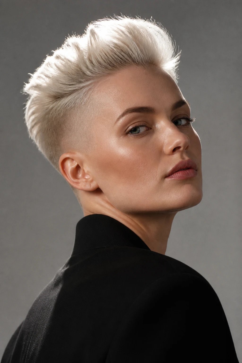 A high-resolution, photorealistic portrait of a confident woman with a platinum platinum-blonde pixie cut featuring very short, sharp shaved sides and a cool, luminous top that catches the light, creating a striking halo of brightness around the hair. She stands against a minimalist, softly lit studio backdrop with neutral tones to emphasize the dramatic contrast between the icy platinum crown and the razor-sharp shaved sides. Her makeup is minimal and flawless, with a clean skin finish, subtle highlight, and a natural lip, allowing the hair to be the focal point. The lighting should be directional to emphasize the texture and shine of the platinum, with gentle reflections on the shaved sides to accentuate the high-contrast look. The overall mood is editorial and modern, conveying a rebellious yet chic vibe suitable for high-fashion photography. The subject is a real-looking woman, posed with a slight turn to one side, chin slightly lifted, eyes engaging the camera, to convey boldness and edge. No text or logos in the image.