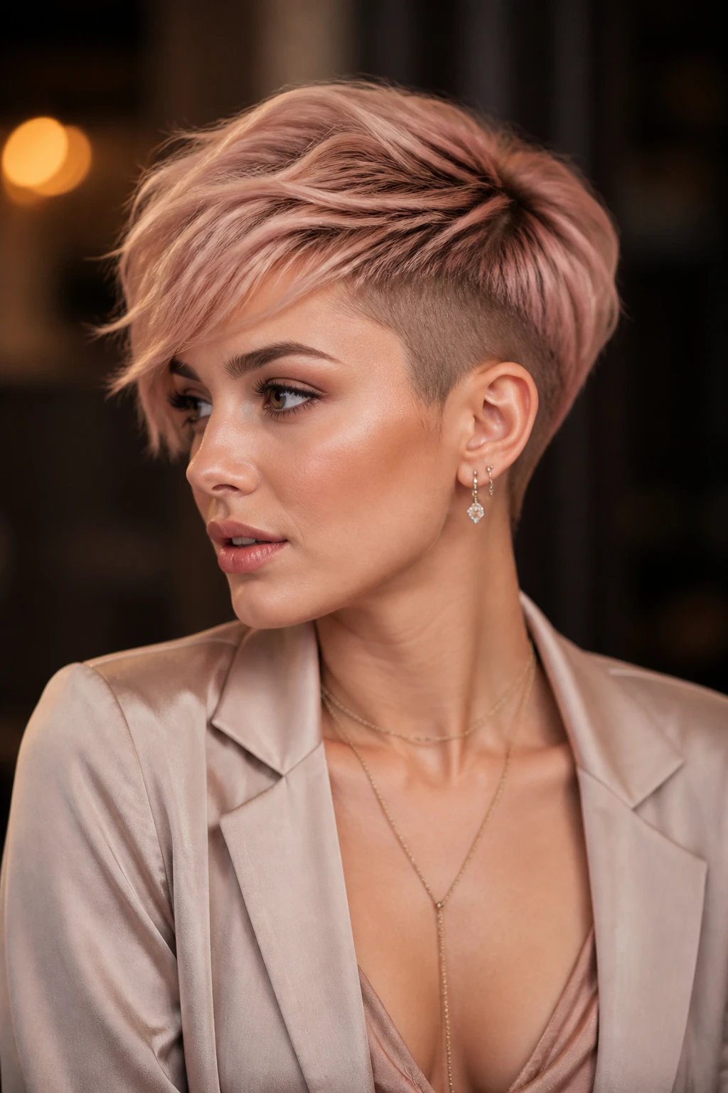 Create a high-resolution, realistic portrait of a stylish person with a soft rose-tint pixie cut featuring an undercut that subtly peeks from the shaved side. The subject should exude romantic-punk vibes suitable for a date night with an extra wow factor. The hair on top has a delicate, translucent rose-tinged hue that catches light, while the shaved side reveals a clean undercut as the hair moves. Style should appear lightweight and glossy, with a light gel hold for a natural, slightly tousled look. The lighting is soft and flattering, with warm, romantic tones and gentle shadows to emphasize the hair color and undercut detail. The subject gazes slightly off-camera, conveying confidence and charm, wearing a chic outfit that complements the rosy accents&mdash;perhaps a softly draped top or blazer in neutral tones to let the hair color stand out. The background is a tasteful, blurred urban setting or studio backdrop in muted hues to keep the focus on the hairstyle. No text on the image. The overall mood is romantic meets edgy, with the undercut subtly visible as the head turns and light hits the shaved side.