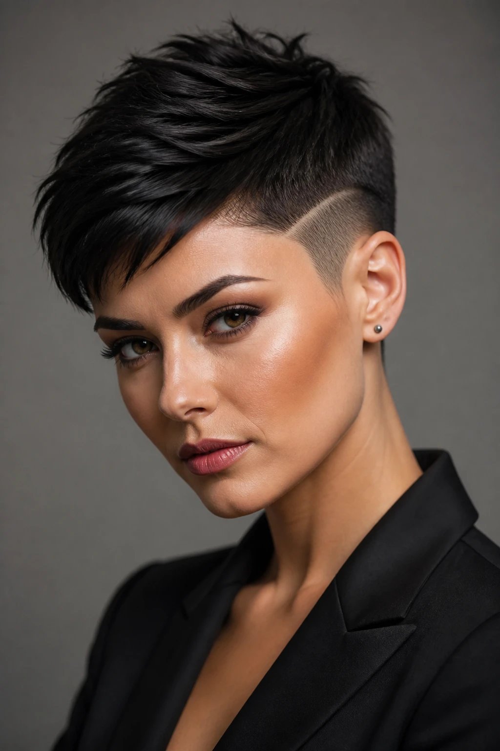 Create a high-resolution, photorealistic portrait of a stylish woman with a classic dark pixie cut featuring sculpted sides. The look should convey timeless power with a defined side shave that creates sharp, clean lines and elongates the neck, highlighting prominent cheekbones. The top layers must remain textured to avoid a flat silhouette, with a low-sheen, sophisticated finish on the hair. The lighting should be soft yet precise to accentuate facial structure and the sculpted silhouette, suitable for professional settings yet with unmistakable personality. The subject should exude confidence with a poised, camera-ready expression, and the background should be neutral and unobtrusive to keep all attention on the haircut and the subject&rsquo;s face. No text on the image.