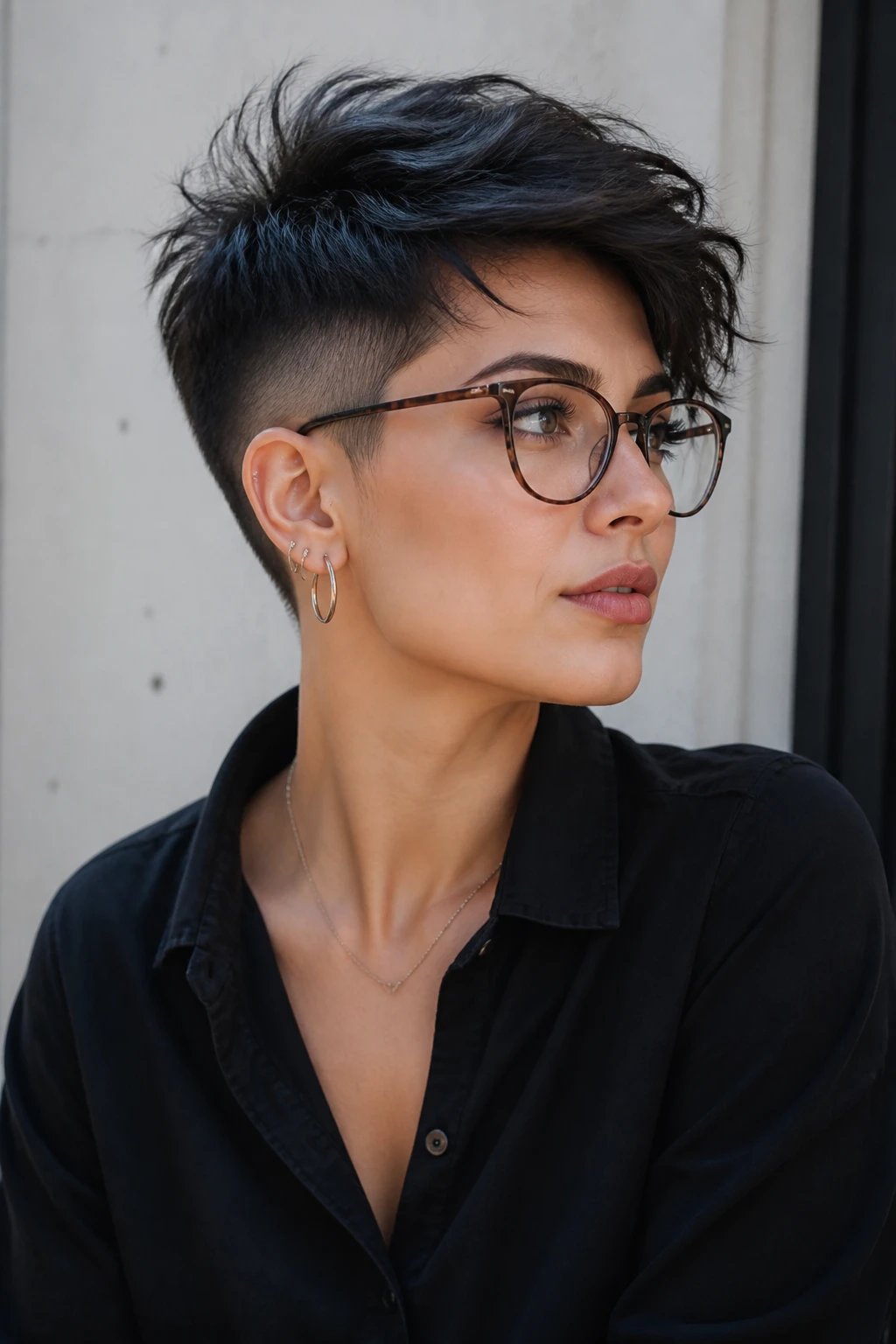 Create a high-resolution, hyper-realistic portrait of a stylish woman with a modern pixie cut featuring shaved sides and a messy bedside edge with a feathered top. The top should appear effortlessly textured and slightly tousled, conveying a laid-back, cool vibe as if she slept stylishly. Show subtle movement and natural shine in the hair, with casual texture spray giving it volume. The hairstyle should have softly feathered layers on top that blend into shaved or very short sides, with a hint of side pin optional in place to keep shape but not mandatory. The subject should be wearing chic, minimalist glasses or delicate hoop earrings to complement the look, and the overall styling should be versatile for photos, conveying a weekend-ready, casual Friday aesthetic. Lighting: natural, soft daylight with gentle shadows to emphasize texture and dimension. Setting: modern, stylish, neutral backdrop or a casual urban environment to enhance the effortless vibe. The subject should have a confident, relaxed expression, slight smile or neutral gaze, and the image should feel like a candid, flattering fashion portrait. Ensure the hair shows messy texture on the top, light finger-combing shaping, and a subtle, effortless sparkle in the overall presentation. No text overlays.