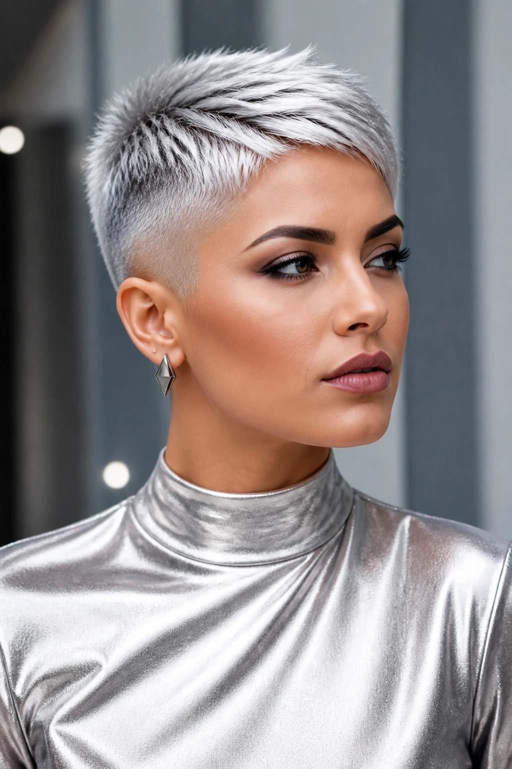 Create a hyper-realistic, high-resolution portrait of a fashionable woman with a bold silver pixie cut featuring very short shaved sides. The top should be gleaming silver with a glossy, glassy finish, catching light and reflecting subtle metallic tones. The sides must be a razor-clean fade, shaved close to the scalp, contrasting with the luminous silver crown. Style her hair to appear avant-garde yet wearable, as if stepped off a fashion runway. She stands in a modern, minimalist setting with soft, neutral lighting that enhances the metallic sheen, creating a futuristic vibe without harsh shadows. Her expression is confident and poised, lips in a natural matte shade, eyes slightly looking off-camera to convey poise and presence. The overall image should emphasize the cool, reflective silver color, the precision of the shaved sides, and a crisp, salon-quality texture. No text on the image.