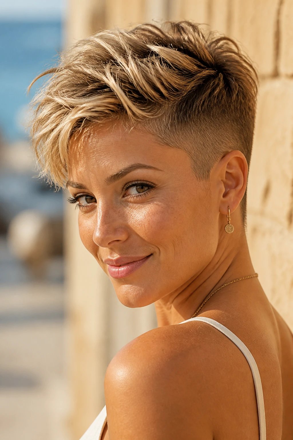 Create a high-resolution, realistic photo of a confident woman with a chic honey blonde pixie cut featuring shaved sides. The top hair should be warm honey tones with a gentle fade on the sides and a muted root blend, giving a sun-kissed look. The hair on top should have natural texture and movement, achieved with a light texture spray, while the sides are cleanly shaved with a subtle, soft transition into the longer crown. The subject should have a radiant, sunlit complexion that complements the warm tones, with soft makeup emphasizing a fresh, effortless vibe. Pose in natural, outdoor daylight to evoke sunny days, perhaps near a warm-toned backdrop or soft bokeh of a sunny urban or seaside setting. The overall aesthetic is modern, easy to maintain, and stylish, with no visible text or logos in the image.
