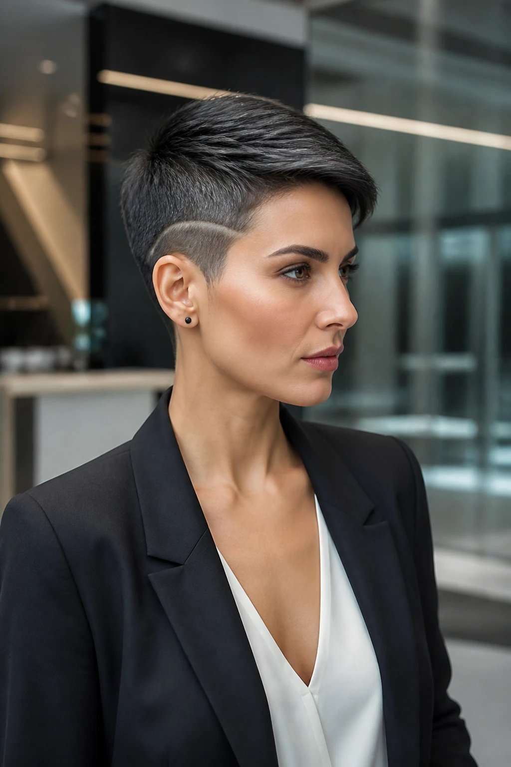 A high-resolution, hyper-realistic portrait of a stylish woman with a pixie cut featuring shaved sides and a strong graphite-shadow geometry trim. The main subject stands in a sleek, modern office lobby with minimalist decor and cool-toned lighting. Her hair showcases a sharp line along the shaved side, with a subtle gradient from deep charcoal at the roots to a slightly lighter graphite shade toward the top, creating a clean, architectural silhouette. The top hair is kept sleek and smooth to emphasize the geometric edge, while overall styling remains simple to keep the geometry as the focal point. The lighting highlights precise edges and crisp contours of the haircut, casting soft shadows to enhance the dimensions. The subject wears a chic, tailored outfit in neutral tones&mdash;perhaps a black blazer over a white blouse&mdash;complementing the bold, contemporary vibe of the hairstyle. The background remains slightly blurred to ensure the haircut remains the star of the composition, with natural skin tones and realistic textures in hair, fabric, and surroundings. No text on the image.