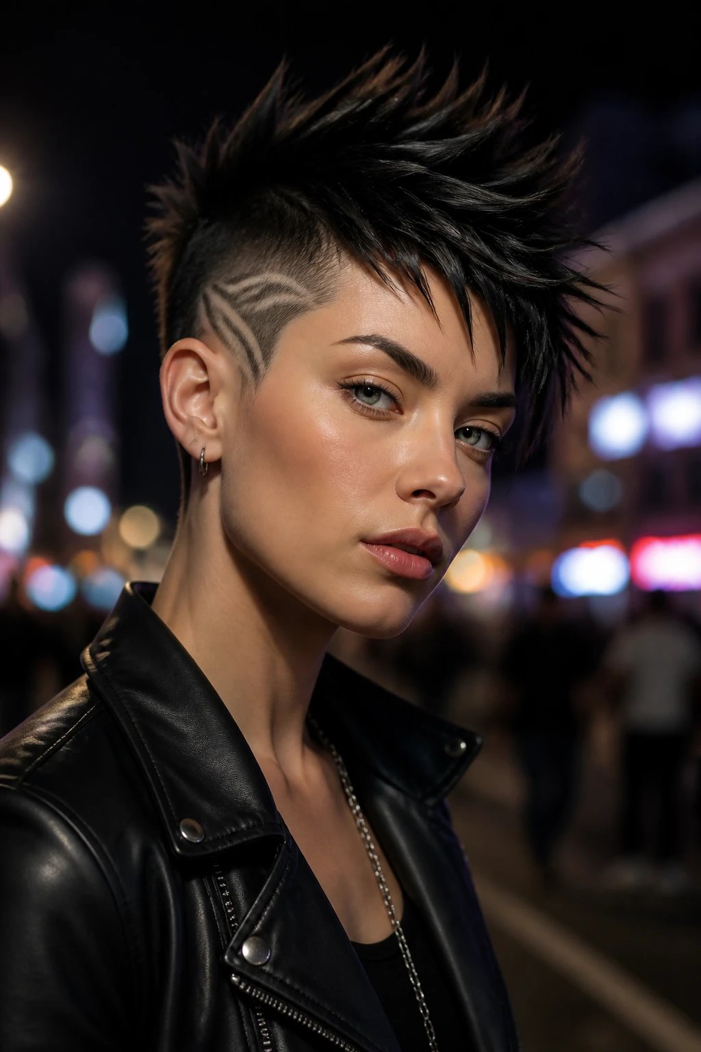 A high-resolution, realistic portrait of a confident person with a bold, edgy pixie cut featuring razor-spiked sections and a tiny shaved temple detail. The hair is styled into sharp, tactile spikes with textured layering to emphasize movement and volume, while the shaved temple adds a subtle, personal signature. The subject is posed in a dynamic, three-quarter view with a slight tilt of the head, gazing confidently at the camera. Lighting is cinematic and dramatic, highlighting the contrast between the matte finish of the hair and the subtle shine on the spikes, with soft shadows to enhance facial features. The hairstyle should look freshly styled with a light matte pomade, keeping hair off the face for a clear view of the temple design. The overall mood is edgy, festival-ready, and nightlife-glow, with a natural skin tone, minimal makeup, and a modern urban backdrop that is softly blurred to keep the focus on the hair. No text or logos in the image.