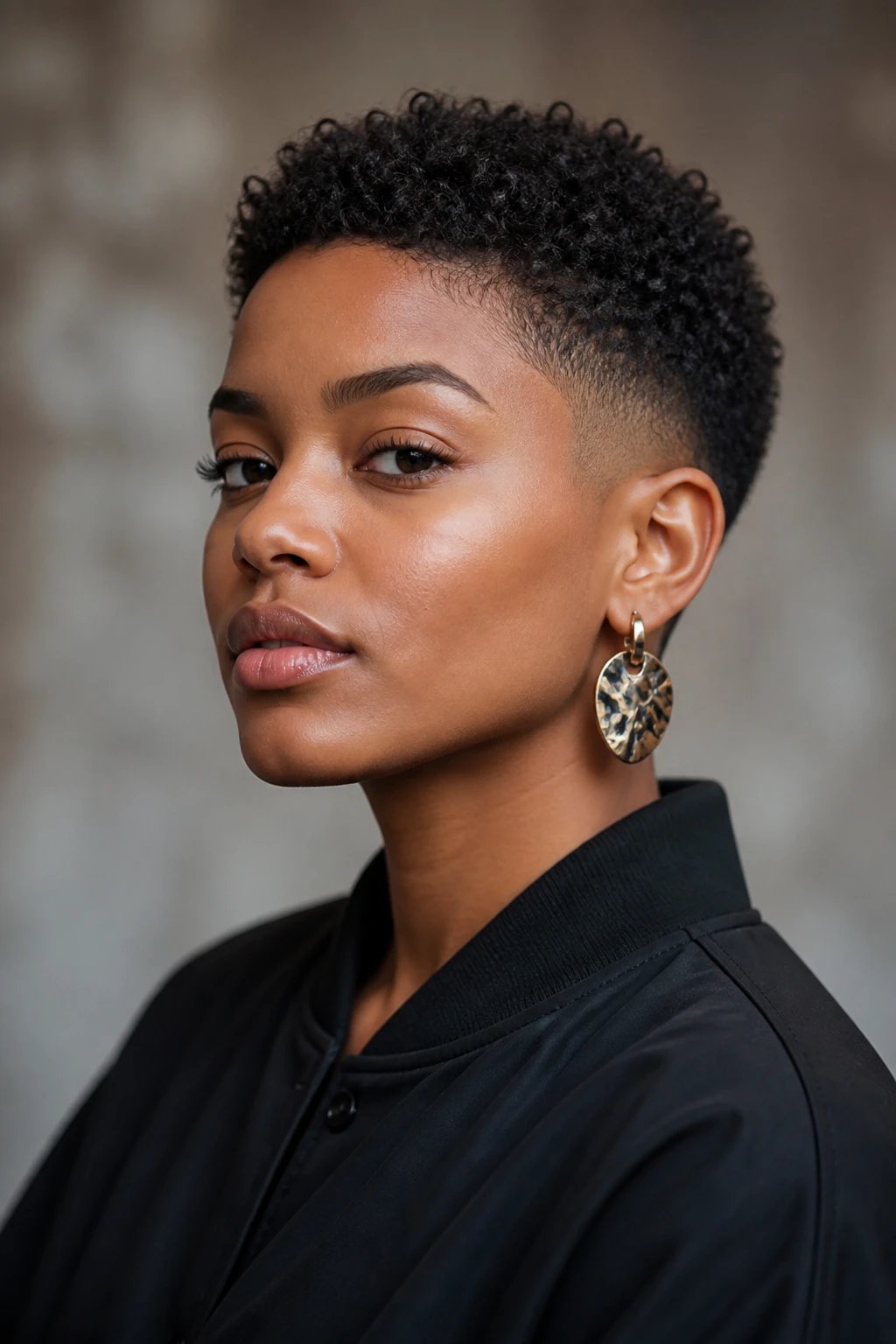 A high-resolution, photorealistic portrait of a confident young woman with cropped, boyish sides and a subtle, natural fade that blends into the crown, showcasing her jawline and face shape. The top hair should be natural texture, short and tidy, with minimal styling to emphasize low maintenance chic. She wears bold, statement earrings that add personality and contrast to the clean sides. The lighting is soft and flattering, with a shallow depth of field to gently blur the background, drawing attention to her features and the haircut. The overall mood is minimalist yet rebellious, capturing a modern, effortless edge. No text visible in the image.