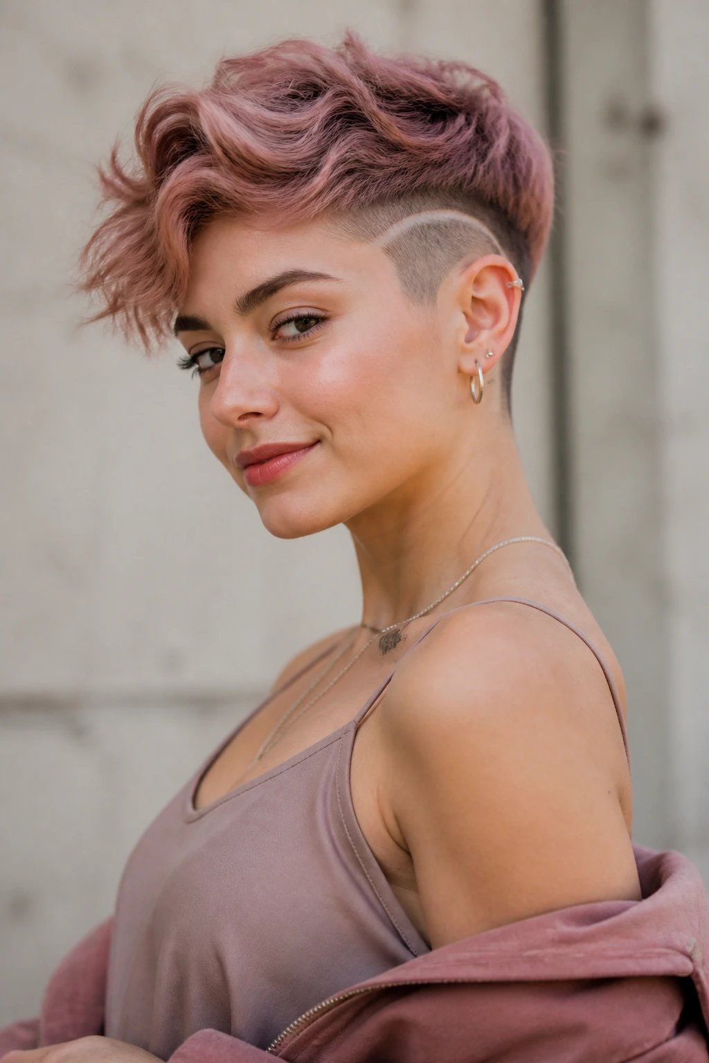 A high-resolution, fashion-forward portrait of a confident young woman with a rosy, softly tinted pixie cut and a half moon shave on one temple side. The top of her hair is a gentle rose shade with smooth, natural waves and a soft shine, while the shaved crescent features a delicate, curved half-moon design that adds subtle texture without overpowering the look. She stands in natural light against a neutral, softly blurred background, wearing a chic, simple outfit in muted tones that complement the rosy hair. The lighting highlights the contrast between the rosy top and the shaved detail, capturing a playful yet feminine, fearless vibe. The overall image should feel editorial and real, with crisp detail on hair texture, skin tones, and the curved shave design, and no text or graphic overlays.
