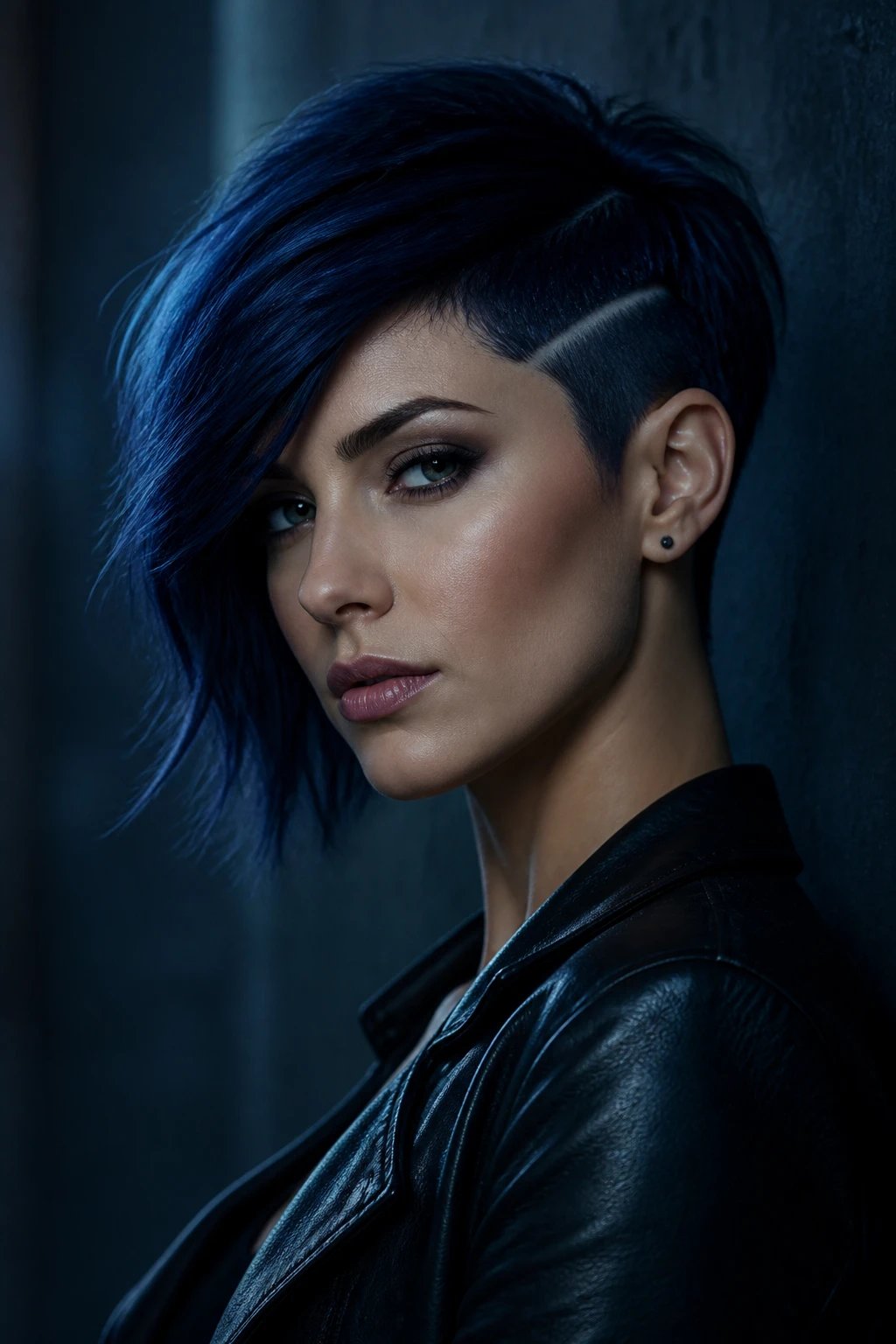 A high-resolution, studio-quality portrait of a woman with a sleek, shoulder-length pixie cut featuring deep navy hair and a sharp side slash; the lighting is moody and cinematic, with cool streetlight hues casting a subtle blue tint to bring out the navy tones and create a soft, dramatic contrast along the shaved side. The subject stands slightly angled to the camera, gaze confident, with the slash clearly visible as a precise, bold line from the temple toward the back, blending seamlessly into the darker roots. The hair has a rich, multi-dimensional depth, showing subtle color variation and a glossy, healthy finish, as if photographed for a fashion editorial. Minimal, unobtrusive background to emphasize the cut, with the navy tones reflecting faint ambient light to resemble a moody portrait. No text on the image. The overall mood is chic, edgy, and wearable, showcasing a dramatic color story through controlled highlights and shadows.