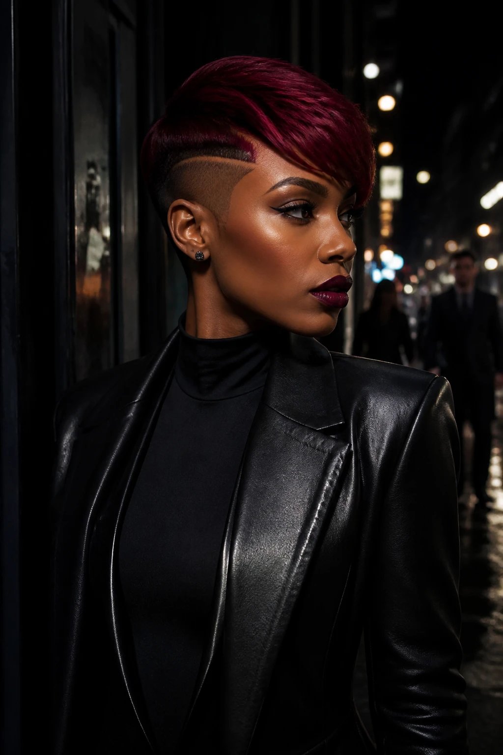 A high-fashion, ultra-realistic portrait of a stylish woman with bold burgundy hair and sleek, shaved edges, standing in a dramatic, low-lit urban setting during evening fashion week. The hair showcases deep, glossy burgundy tones with crisp, razor-clean edges that frame a confident, poised expression. She wears a tailored, monochrome palette outfit (black leather jacket or sleek blazer) with minimal accessories to keep the focus on the hair. The lighting is moody and cinematic, highlighting the rich color depth and glossy finish of the hair, with subtle reflections on glossy surfaces around her. The background is slightly blurred to emphasize her stance and the dramatic haircut, conveying a high-fashion, statement moment suitable for a big night out or fashion week. No text on the image.
