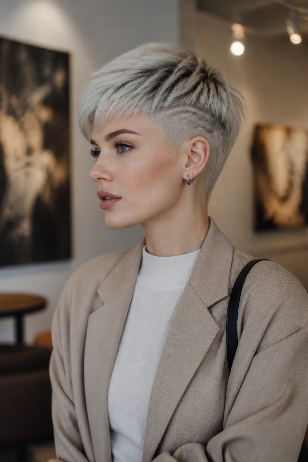 A high-resolution, realistic portrait of a stylish woman with a chic ice blonde pixie cut, featuring a subtle, artistic shaved motif on the side of the head. The top is icy platinum blonde with bright roots for contrast, styled sleek and slightly tousled for a modern gallery vibe. The shaved side showcases a tiny, intricate design (e.g., minimal geometric line art or abstract flourish) that remains understated yet eye-catching. The subject wears a sophisticated, minimalist outfit in neutral tones and stands in a contemporary art gallery or chic coffeehouse setting with soft, natural lighting that highlights the cool tones and texture of the hair. The overall mood is polished, glamorous, and effortlessly modern, with clean composition and realistic textures from skin to hair to fabric, no visible text in the image.