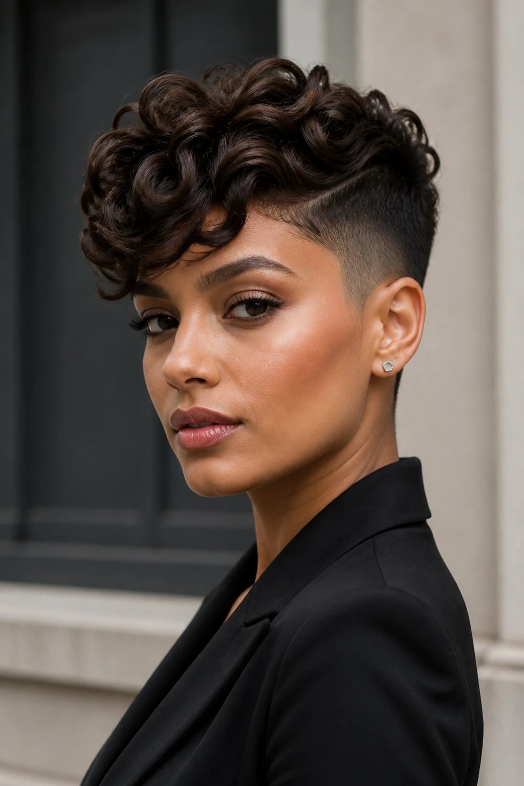 A high-resolution, realistic portrait of a stylish woman with a dramatic espresso taper haircut featuring shaved sides and a softly curled crown. The top curls are defined and glossy, creating a subtle wave that adds old-school glamour with a modern twist, while the sides are cleanly tapered and shaved. The subject stands in a softly lit, minimalist urban backdrop with neutral tones to emphasize the hair. She wears a chic, understated outfit (e.g., a fitted blazer or sleek top) that complements the bold haircut. The lighting highlights the rich dark espresso tones and the texture of the curls, with natural skin tones, and a confident, poised expression that conveys versatility from day to night. No text on the image.