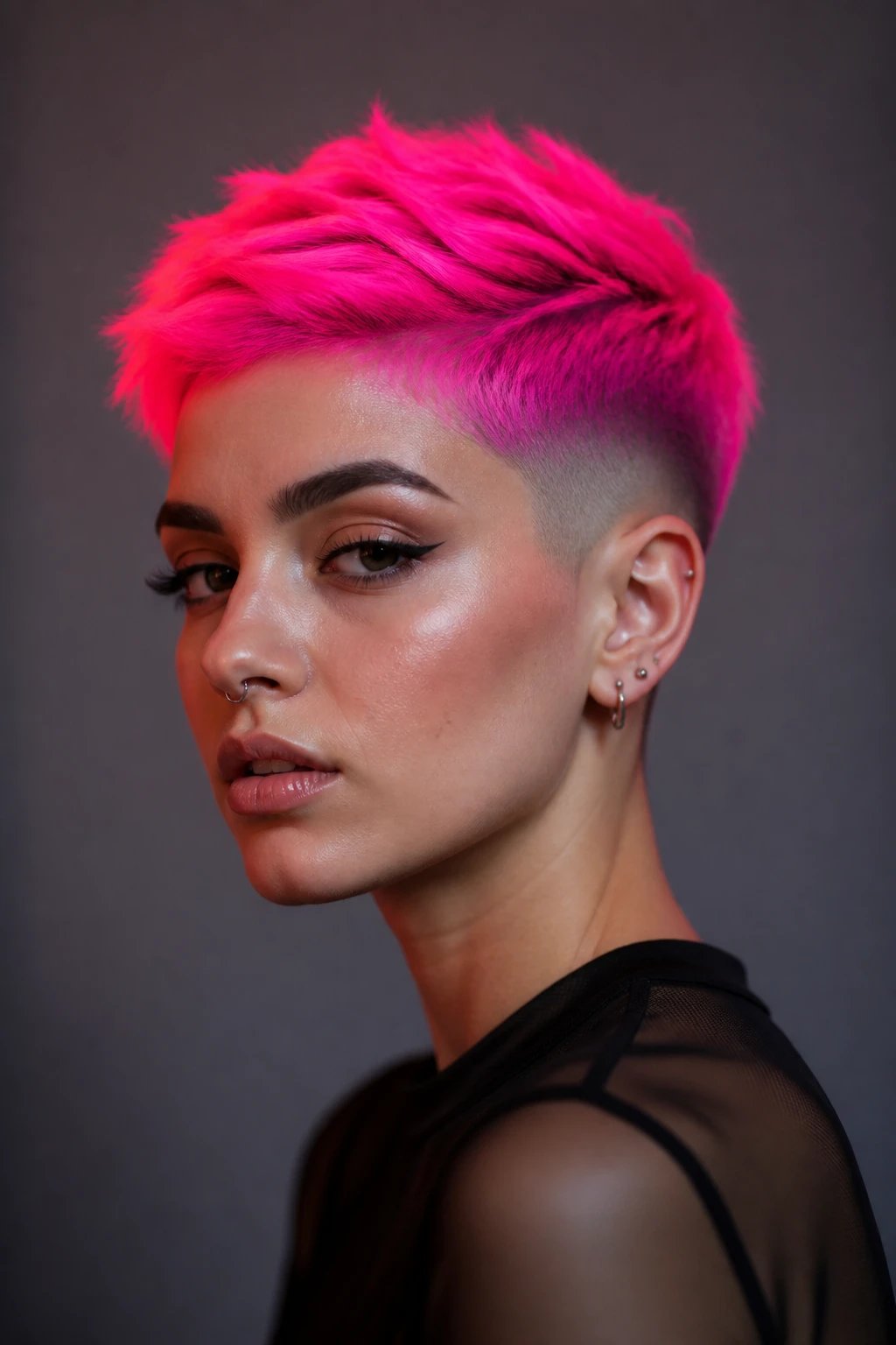 A high-resolution, fashion-forward portrait of a young adult with a bold neon-haired pixie cut, featuring bright neon colors on top fading subtly toward the sides. The top should glow with a vivid neon hue (such as electric pink or electric blue) while the sides fade softly to a natural shade, creating a living glow-stick effect. The hairstyle is sleek, well-defined, and slightly textured, with a sharp, clean undercut visible at the sides. The subject is posed in a well-lit, stylish indoor studio setting with a neutral backdrop that enhances the neon glow without any visible text or logos. The lighting emphasizes the luminous neon hair, smooth skin, and confident expression, capturing a moment that conveys personality, bold taste, and a party-ready vibe. The image should appear as a high-quality fashion photography shot, with precise color accuracy, shallow depth of field to keep the focus on the hair, and natural skin tones.