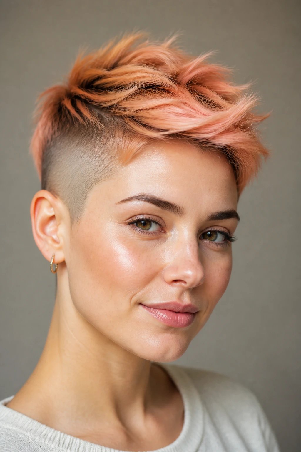 A high-resolution, hyper-realistic portrait of a stylish woman with a pixie cut featuring shaved sides. The top of her hair is peach-toned, softly frosted at the tips with delicate, sun-kissed peach highlights. Her sides are gently shaved in a clean, tapered fade that blends seamlessly into the longer top. Soft balayage applied on top for depth, with a light fade to emphasize texture. The look is cheerful and approachable, modern and chic, with bright, natural lighting that enhances the peach tones and creamy skin. The subject is posed slightly tilted, showcasing the contrast between the shaved sides and the voluminous, textured crown, minimal makeup, and a calm, confident expression. The background is neutral and softly blurred to keep full focus on the hairstyle. No text or logos in the image.