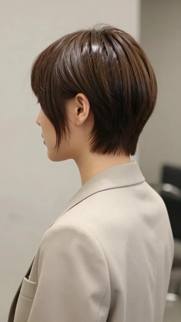Create a high-resolution, photorealistic portrait of a stylish woman with a sleek, ultra-pineapple pixie haircut viewed from the back and slightly angled to reveal the crown catching soft light. The hairstyle should be ultra-polished with a reflective shine, clean lines, and a tidy back silhouette. Her hair should appear glossy and smooth, with subtle, controlled flyaways suppressed. The lighting should emphasize the crown&rsquo;s highlight and the overall silhouette from multiple angles, suggesting a formal, professional vibe. The subject is wearing a sophisticated, minimal outfit (e.g., a tailored blazer or a sleek dress) in neutral tones to keep the focus on the hair. The background is a softly blurred studio setting with neutral colors to enhance contrast and shine, and there should be no visible text or logos on the image.