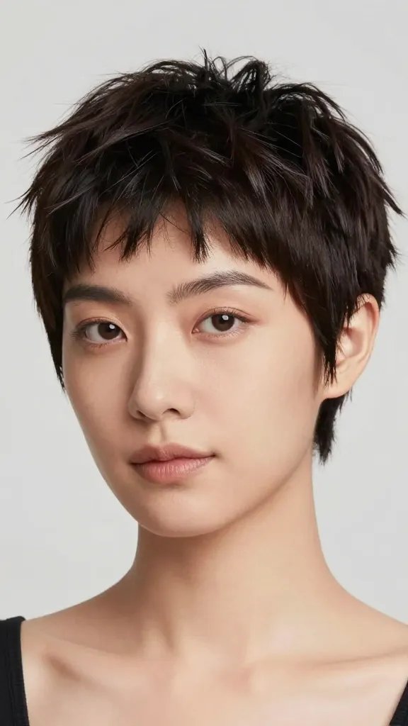 Create a realistic, high-quality close-up photo of a stylish woman with a short pixie haircut, exhibiting the "Textured Tuck Back" look. The hair should show pronounced texture with matte roots and slightly glossier ends, created by pinching and twisting small sections to form bite-sized texture. The front is softly swept back and tucked neatly behind both ears, giving a cheeky, modern vibe. The subject&rsquo;s expression should be confident and relaxed, with natural makeup that enhances features without overpowering the hair. Lighting is soft and flattering, highlighting the contrast between the matte roots and glossy ends to add depth. The background should be a clean, neutral studio backdrop to keep focus on the hair, with no text or logos visible. The overall image should convey a quick daily glam feel, suitable for a beauty editorial.
