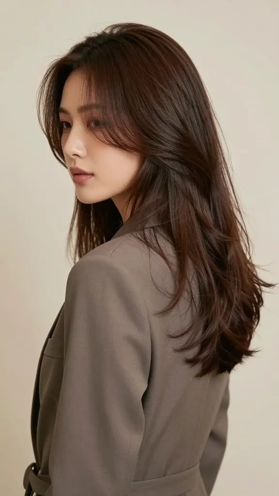 A high-resolution, realistic portrait of a stylish woman with a soft layered back hairstyle featuring a subtle flip at the nape. The scene is shot in a softly lit studio with a neutral, elegant backdrop. The woman stands slightly angled to showcase the back layers and the tiny nape flip, while her face is slightly turned toward the camera to reveal gentle waves framing her profile. Her hair is glossy and smooth, with delicate, natural-looking waves that cascade down the back, catching light to highlight the texture. She wears a chic, professional outfit&mdash;maybe a tailored blazer or blouse in muted tones&mdash;that complements the polished yet approachable vibe. The lighting is balanced to emphasize the hair&rsquo;s movement and shine, with a shallow depth of field to keep the focus on the hairstyle. No visible text, accessories kept minimal, and the overall mood is confident, versatile, and ready for both office and night-out settings. The image should convey movement and refinement, with realistic skin tones, detailed hair strands, and subtle makeup.