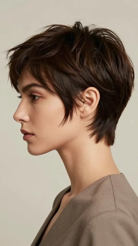 Create a high-resolution, hyper-realistic portrait of a stylish woman with a chic pixie cut styled in "The Classic Brushed-Back with Volume" look. She should be captured from the shoulders up in a three-quarter profile against a soft, neutral studio backdrop. Her pixie has ample volume at the crown, with brushed-back roots that create a sophisticated, fashion-forward silhouette. The hair should appear lifted and buoyant at the crown, with smooth, sleek brushed-back sides from temples to the nape for a seamless finish. The lighting is flattering and natural, highlighting the textures of the hair and the subtle bounce from the mousse for light hold. She should wear minimal, elegant makeup and a simple, matte-finish outfit to keep the focus on the hairstyle. The overall mood is confident, modern, and polished, conveying a timeless yet edgy vibe suitable for a fashion editorial. No text or logos in the image.