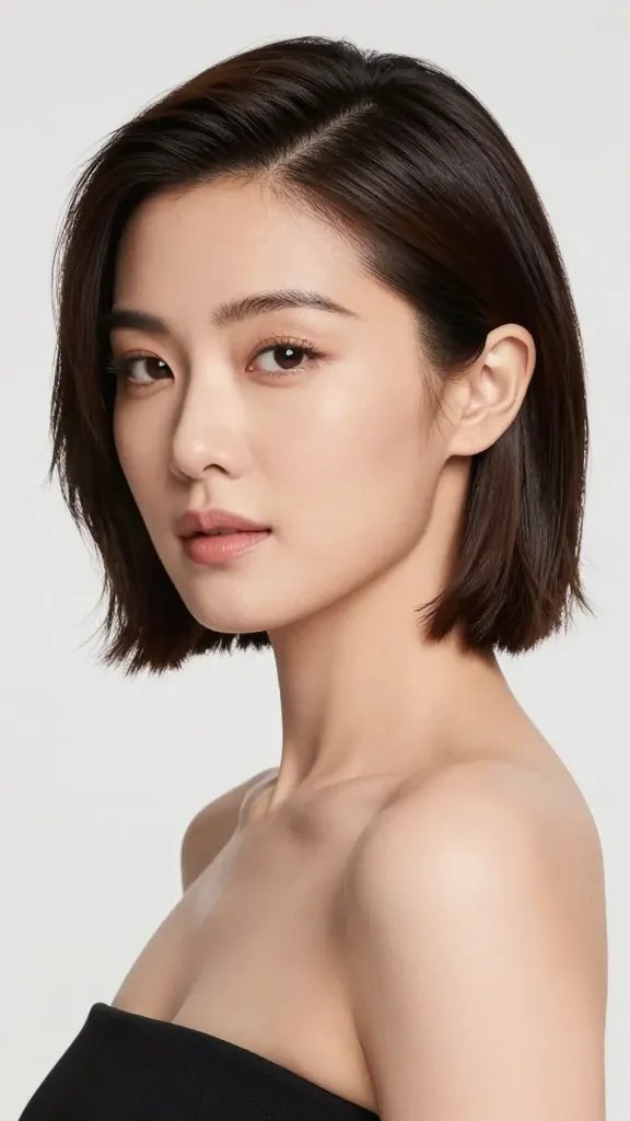 Create a high-resolution, realistic portrait photo of a polished woman with a side-swept nape reveal hairstyle. The hair should be parted to one side, revealing a hint of the nape with a dramatic, flattering line running down the neck, creating an elongated, editorial edge visible from every angle. Keep back length consistent for true symmetry, with a touch of shine balm near the tips to prevent frizz. The side part should align with the natural direction of the hair and look immaculate from front, side, and three-quarter views. The subject should have confident, poised expression, styled makeup that enhances the eyes and lips, wearing a chic, sophisticated outfit suitable for a photoshoot or date night. The lighting should be soft and flattering, with a clean background and subtle depth of field to emphasize the hair silhouette and neckline. No text on the image.