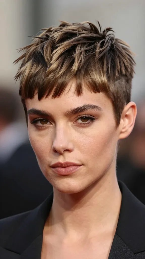Create a hyper-realistic, high-resolution portrait of a stylish person with a short pixie cut styled into a faux Mohawk with a soft back sweep. The hair should show a subtle, centered ridge along the crown using a light gel for hold, with the sides brushed straight back and tucked neatly behind the ears to emphasize the back-swept balance. The subject should have a confident, poised expression and be dressed in chic, fashion-forward attire suitable for a concert or fashion event. The lighting should be soft yet dramatic to highlight the texture and sculpted edges of the faux Mohawk, casting gentle shadows to accentuate height and volume. The background should be neutral and slightly blurred to keep the focus on the hairstyle and the subject, ensuring no text is present in the image. The overall tone should convey edgy sophistication and wearable glam, with natural skin tones, clear details in the gel-sculpted ridge, and precise, brush-stroke finish on the sides.