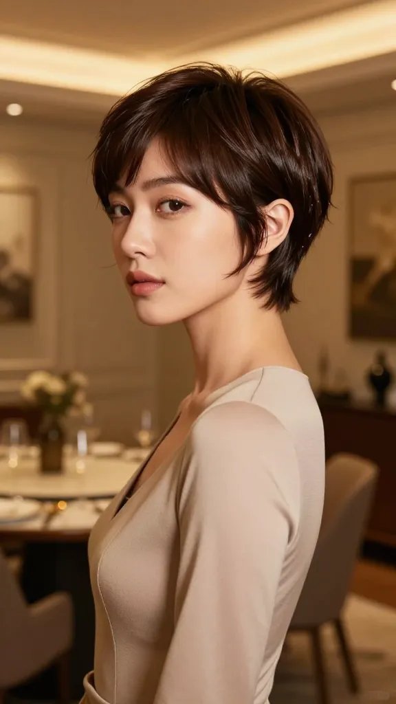 Create a hyper-realistic, high-resolution portrait of a stylish woman with a short pixie cut featuring a delicate curled nape accent peeking out behind her ear. The scene is intimate and chic: she stands in a softly lit, modern dining room with warm, amber-toned lighting that highlights the texture and shine of her hair. The pixie should have sharp, clean lines on top with a subtle, soft curl at the nape that peeks just behind one ear, giving a flirty yet sophisticated vibe. The hair should look glossy with a touch of natural frizz controlled by a light oil, and the curl should appear secure but gentle, as if pinned with discretion. Her facial features should be balanced and softly contoured, with slight angles that the nape curl complements. She wears a simple, elegant outfit&mdash;perhaps a fitted blouse or a sleek dress in neutral tones&mdash;that conveys everyday confidence and romance without overpowering the hairstyle. The background includes tasteful, unobtrusive decor: a warm-toned wall, a hint of a dining table and chair, and soft bokeh lights to enhance the romantic ambiance. The overall mood is confident, flirty, and chic, suitable for a dinner or intimate evening vibe. No text or logos in the image.
