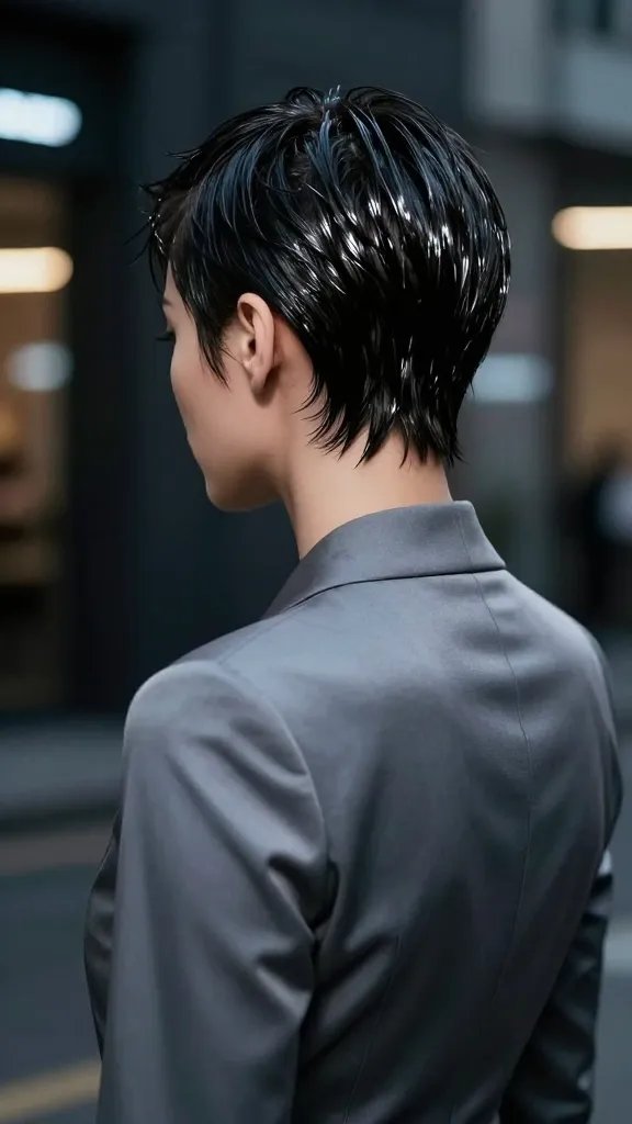 Create a highly realistic, high-resolution photo of a confident woman with a wet-look pixie hairstyle viewed from the back, showcasing a sleek, glossy finish that catches dramatic lighting. She stands in a chic, dimly lit urban nightlife setting with subtle neon reflections on glossy surfaces. Her short pixie cut is uniformly slicked back from roots to tips, with a smooth, mirror-like shine that accentuates the contours of her nape and the back of her neck. The scene should emphasize the glossy texture of the hair under soft, cool-toned lighting, highlighting a flawless, polished scalp and banked light reflections that convey a strong, professional presence. She wears a stylish, form-fitting night-out outfit with clean lines, and her posture is tall and poised, exuding confidence. The background is slightly blurred to keep the focus on the back view of the wet-look hairstyle, with no text or logos visible in the image.