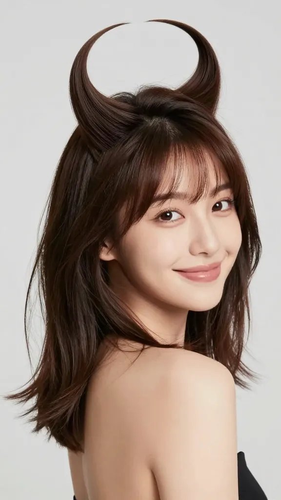 A high-resolution, studio-style portrait of a young woman with a soft crescent crown hairstyle that forms a gentle halo around her head. She has a flattering, well-lit facial structure with a natural smile, posing slightly angled to the camera to showcase the back airy silhouette. The crown lift is achieved with smooth, brushed-back hair at the crown, subtle volume and lift, while the nape and back remain airy and light. The styling reads polished yet playful, with a touch of shine on the ends from a light serum. The lighting is soft and even, highlighting the halo effect and the face, with a clean, neutral-background studio setup. No text or logos in the image. The subject should resemble a realistic, fashion-forward model with natural makeup and healthy hair texture.