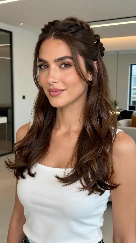 A high-resolution, hyper-realistic portrait of a stylish woman with medium-length, glossy brunette hair styled in a half-up twist. She stands in a bright, modern daytime-to-evening setting with soft, natural lighting. The crown section is neatly twisted and pinned, creating a sleek but relaxed half-updo, while the remaining hair falls in gentle waves over her shoulders. The look should convey versatility: a discreet set of small pins barely visible, a hint of loosened texture for a relaxed feel, and a subtle shine that suggests all-day hold. The background transitions from a clean office interior to a chic evening lounge, subtly blurred to keep the subject as the focal point. The subject&rsquo;s expression is confident and approachable, appropriate for day-to-night wear. No text on the image.