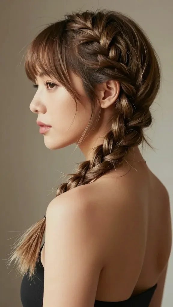 A high-resolution, studio-style portrait of a woman with a chic pixie hairstyle featuring a delicate, single French braid along the back starting behind one ear. The braid should be softly loosened to create volume and texture, with the braid ends seamlessly blended into the rest of the hair using a light brush, giving a subtle bohemian vibe. The lighting is natural and flattering, catching light along the back to emphasize the texture and detail without overpowering the silhouette. The subject should have a confident, relaxed expression, minimal makeup, and wear a simple, elegant outfit that complements the pixie cut. The background is neutral and softly blurred to keep the focus on the hairstyle and the back detail. No text anywhere in the image.