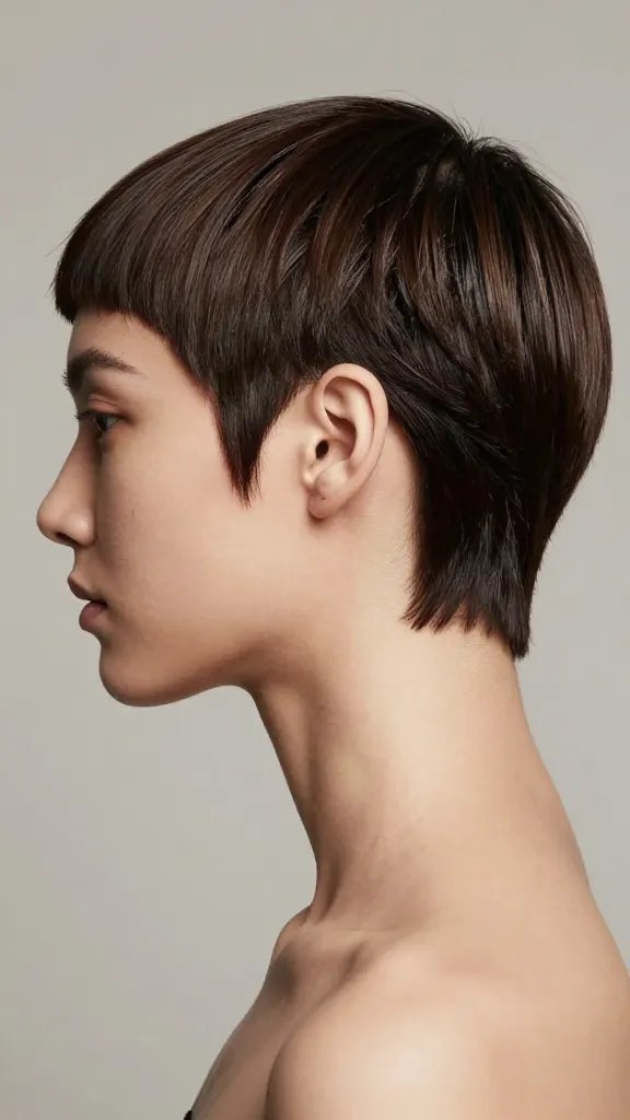 Create a high-resolution, photorealistic portrait of a stylish person with a bold, angled nape reveal haircut. The subject should be photographed from a slight three-quarter view to emphasize the dramatic diagonal reveal at the nape, with the nape peeking through in a sharp, diagonal line. The rest of the hair should be kept short and sleek to create a strong silhouette that flatters the neck and jawline. Use soft studio lighting to highlight the contour and texture, with subtle shadows to enhance the angle. The hair should have a light, natural shine, and a light waxed finish to sculpt the edges for a clean, fearless look. The background should be a neutral, unobtrusive tone (soft gray or beige) to keep the focus on the haircut. The subject is the main focal point, styled in a modern, sophisticated manner suitable for a fashion-forward photoshoot, with minimal makeup and a poised expression that conveys confidence and elegance. Ensure the haircut&rsquo;s diagonal nape reveal is clearly visible from the left side, transitioning smoothly to the top for a cohesive overall silhouette. No text anywhere in the image.