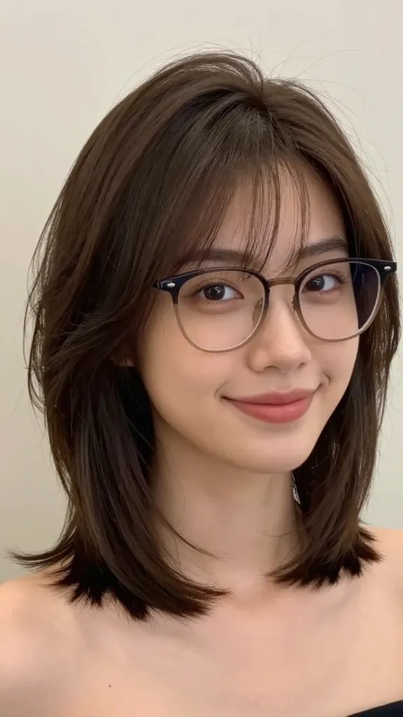 A high-resolution, realistic portrait photo of a young woman with Pixie hairstyle that includes a soft A-line sweep: the front hair gently swept to one side across the forehead while the back subtly follows an A-line shape, with natural movement and a slight curl at the ends. She wears stylish, modern eyeglasses that complement her gentle smile, and the lighting is soft and flattering, highlighting the shine and texture of the hair. Part of the hair should show a natural off-center part for flow, with a cohesive, brushed-through look and subtle bend at the ends to illustrate the curl-enhancing effect. The setting is a clean, neutral background (studio or softly blurred indoor space) to keep the focus on the hairstyle and the subject's confident, approachable demeanor. The overall mood is everyday confidence and effortless style, with realistic skin tones, makeup that enhances natural features, and hair subtle volume. No text on the image.