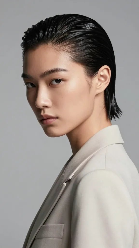 A high-resolution, studio-lit portrait of a single model with a sleek, minimalist high-shine back hairstyle. The model is facing slightly to the left, head turned toward the camera with a confident, composed expression. Hair is meticulously slicked back in a smooth, glossy sweep from the hairline to the crown, with no part visible, reflecting a cool, modern minimalism. The lighting emphasizes the shiny finish of the hair and the clean lines of the style, creating subtle highlights along the back and crown. The model wears a crisp, tailored blazer in a neutral tone, with a clean, uncluttered backdrop in soft gray to keep the focus on the hair. The overall mood is powerful, polished, and expensive-looking, suitable for meetings or dates. No text or logos on the image.
