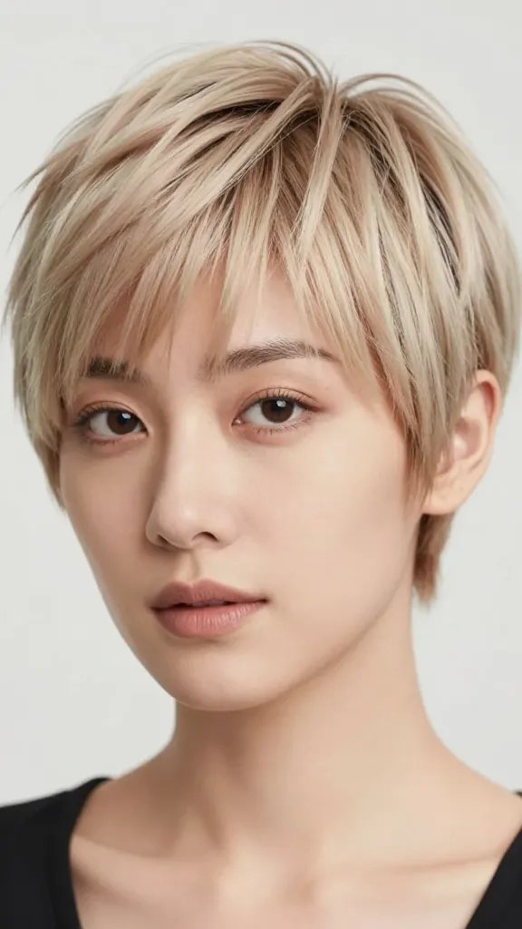 Create a high-resolution, realistic portrait of a person with a layered pixie haircut featuring peek-a-bang. The subject should have soft, modern styling: longer bangs starting near the temples, layered texturing that blends seamlessly from the crown to the nape, and a balanced mix of structure and softness. The look should be versatile and flattering for makeup lovers, with face-framing elements that highlight cheekbones and jawline. Use natural lighting with a clean, softly blurred background to emphasize the hairstyle. The hair should appear light-textured, slightly tousled, and brushed from roots to tips for a unified finish. The subject's expression should be confident and approachable, with subtle makeup to enhance features without overpowering the hair. No text on the image.