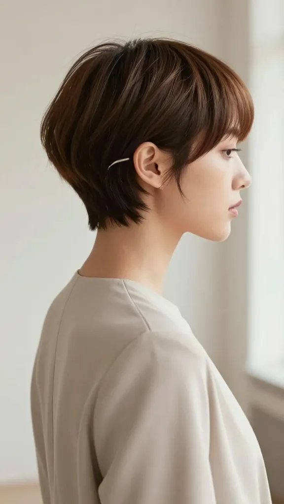 Create a high-resolution, realistic portrait of a confident young woman with short pixie-cut hair styled in a subtle retro-inspired cuffed back. The back of the hair should have a small, precise bend at the lower nape, pinched gently with a touch of spray to keep a polished yet understated look. The rest of the hair should be smooth and softly sculpted, reflecting contemporary styling with a hint of vintage charm. The subject stands in a softly lit, elegant setting suitable for a fashion shoot, wearing a chic, modern outfit in neutral tones that complements the retro vibe without overpowering it. The overall aesthetic should convey a refined, polished appearance with attention to the tiny cuff detail that adds a hint of nostalgia. No text, clean background or a subtle studio backdrop with natural light and shallow depth of field to emphasize the hairstyle.